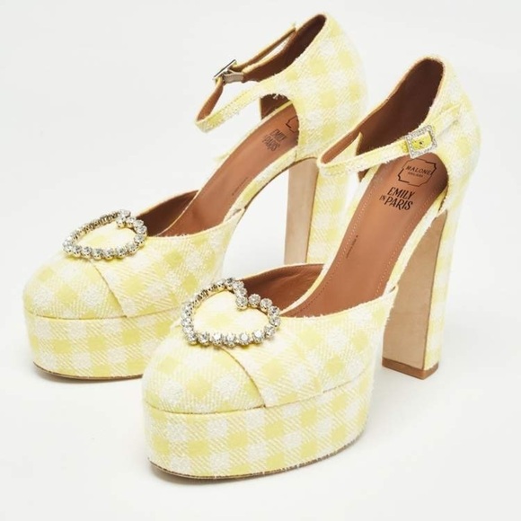 MALONE SOULIERS heels gingham plaid yellow white platform EMILY IN PARIS Camille - Picture 1 of 14